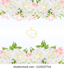 Floral horizontal border seamless background white roses  and buds  vintage  vector Illustration for use in interior design, artwork, dishes, clothing, packaging, greeting cards