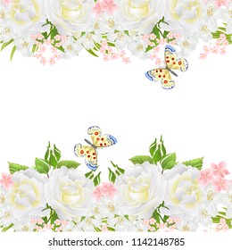 Floral horizontal border seamless background white roses  and buds  and butterfly vintage  vector Illustration for use in interior design, artwork, dishes, clothing, packaging, greeting cards