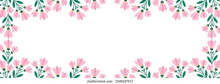Floral horizontal border, Twigs with pink flowers and leaves in flat style. Vector template.