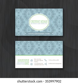 Floral horizontal business card template with seamless pattern/design for personal or professional use with front and back side. Vector illustration.