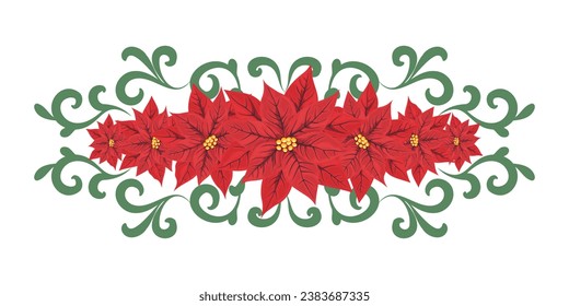 Floral horizontal Christmas or New Year decor of poisettia with swirls. Decorative border of red flowers. For greeting card design, invitation, holiday background. Vector illustration.