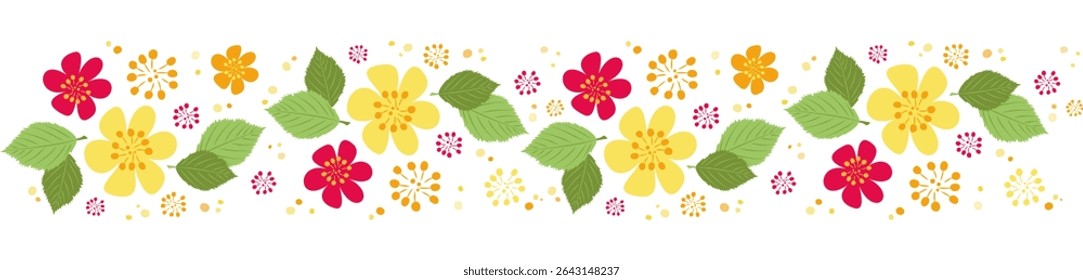 Floral horizontal ornament red and yellow flowers with green leaves are arranged chaotically. Bright natural motifs in flat style. Vector pattern for design goods creativity, handicrafts, folk craft
