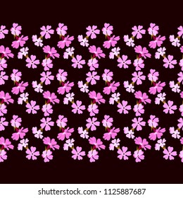 Floral horizontal	ornamental border pattern with pink small flowers on dark contrast background seamless vector
