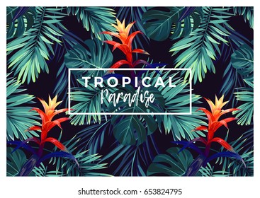 Floral horizontal postcard design with guzmania flowers, monstera and royal palm leaves. Exotic hawaiian vector background.