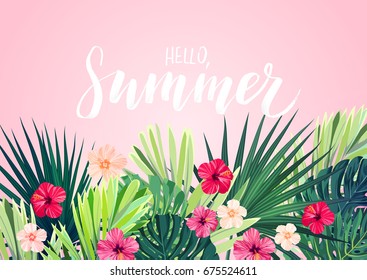 Floral horizontal postcard design with hibiscus flowers, monstera and royal palm leaves. Exotic hawaiian vector background.