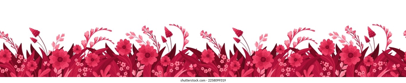 Floral Horizontal Seamless Background. Header or Cover Template, with Magenta Floral Arrangements. Blooming Flowers, Red and Pink Leaves and Hearts. Isolated vector clipart, illustration
