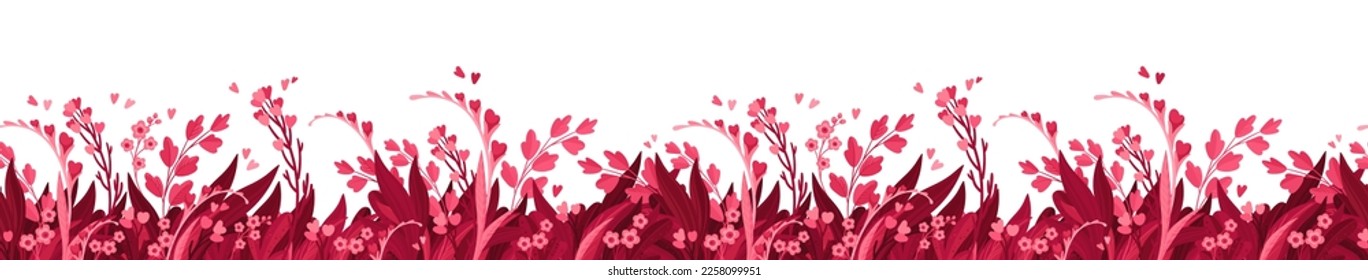 Fondo Floral horizontal sin soldadura. Plantilla de cabecera o cubierta, con arreglos florales magenta. Flores florecientes, hojas y corazones rojos y rosados. Clíparte vectorial aislada, ilustración 
