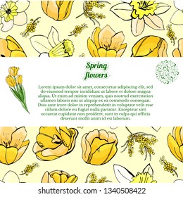 Floral  horizontal template with seamless pattern  of  hand drawn graphic  and color sketch with yellow  mimosa, narcissus and bouquet of tulip flowers  on yellow  background. Vector illustration.