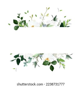 Floral horizontal vector frame. Hand painted plants, branches, leaves on a white background. Greenery wedding simple invitation template. Watercolor style card. All elements are isolated and editable