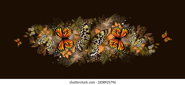 Floral horizontal vintage abstraction with butterflies. Vector illustration