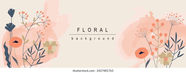 Floral horizontal web banner. Red poppy and wildflowers bouquets with leaves on abstract background. Summer flowers backdrop. Vector illustration for header website, cover templates in modern design
