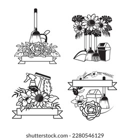 Floral House Cleaning Logo Design Template. Cleaning tools logo with flowers.