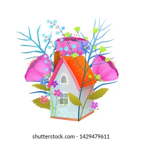 Floral house flat vector illustration. Tiny cottage with summer flowers flat illustration. Fairytale dwelling place with red tile roof and chimney surrounded by big blooming plants. 