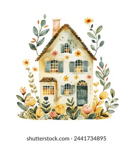 floral house vector illustration in watercolour style