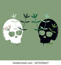 Floral human couple of skull's. Illustration for poster, banner, card. Human head anatomy. Hand drawn bones with herbs. Illustration for medicine, tatoo, halloween decoration, party. Skeleton vector.
