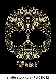 Floral human skull vector. Decorative beautiful design. Bird accents