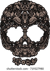 Floral human skull vector. Decorative beautiful design. Bird accents