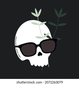 Floral human skull wearing black sunglasses. Illustration for poster, banner, card. Human head anatomy. Hand drawn bones, sceleton with herbs. 