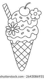 Floral Ice Cream Cone with Cherry – Cute Summer Coloring Page for Teens