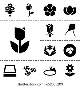 Floral icon. set of 13 filled floralicons such as leaf, lotus, flower, rose, bouquet flower, pond, square plant pot, tulip