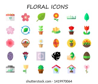 floral icon set. 30 flat floral icons.  Simple modern icons about  - saint patrick, cherry blossom, leaf, flower, grass, plant, water lily, tulip, rose, easter eggs, flower pot