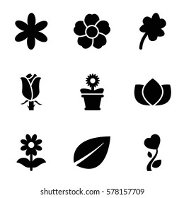 floral icon. Set of 9 floral filled icons such as lotus, flower, leaf, Clover, flower pot, rose