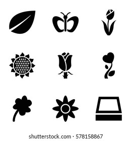 floral icon. Set of 9 floral filled icons such as sunflower, butterfly, leaf, Clover, rose, heart flower, square plant pot