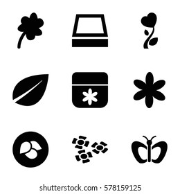 floral icon. Set of 9 floral filled icons such as leaf, butterfly, flower, Clover, heart flower