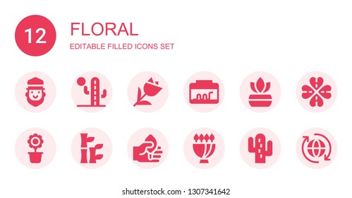 floral icon set. Collection of 12 filled floral icons included Saint Patrick, Cactus, Tulip, Terrarium, Fern, Flower pot, Bamboo, Leaf, Bouquet, Clover, Eco