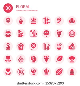 floral icon set. Collection of 30 filled floral icons included Leaf, Flowerpot, Fern, Bamboo, Flower, Botanical, Cactus, Bouquet, Flower pot, Eco, Clover, Tulip, Palm, Flowers