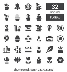 floral icon set. Collection of 32 filled floral icons included Flower, Cactus, Tulip, Lotus, Leaf, Flowers, Bamboo, Seaweed, Terrarium, Rose, Flower pot, Clover, Eco, Bonsai, Violet