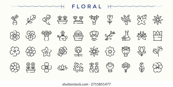 Blumensymbolsatz. Blumen dünne Linie Symbole gesetzt. Perfekt für Logos und Infografiken. Flora-Symbolpaket. Bearbeitbarer Vektorstrich.