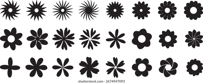 Blumensymbolsatz, Blumen, Vektorsilhouette, symmetrische Blumenmuster, Lotus, Blütenblätter, abstrakte Blüten, Naturdesign, Blumenelemente Illustrationen.