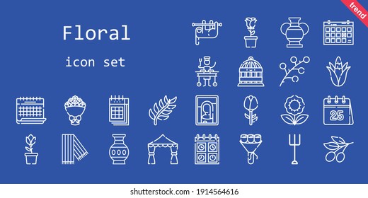 floral icon set. line icon style. floral related icons such as calendar, large, corn, scarf, bouquet, bird cage, vase, tulip, sloth, branch, picture, flower, wedding arch, olive, rose, garden