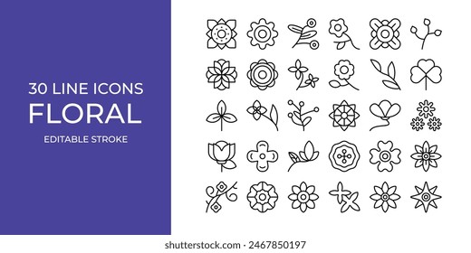 Floral icon set line vector design editable stroke. rose, flower, jasmine, and more