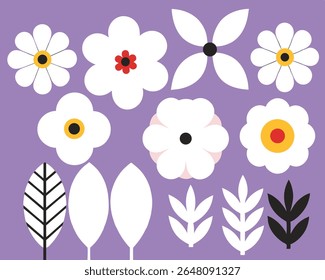 Floral icon set with stylized flowers and leaves on purple background. Flat vector illustration with a minimal, modern touch.