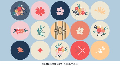 Floral Icons Collection For Social Media Design. Round Flower Sticker Set. Trendy Isolated Vector Illustrations. Hawaiian Botanical Stickers. Modern Floral Stickers For Web, App And Brand Design. 