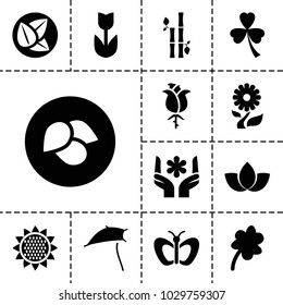 Floral icons. set of 13 editable filled floral icons such as leaf, butterfly, clover, flower, sunflower, lotus, bamboo, dandelion