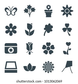 Floral icons. set of 16 editable filled floral icons such as sunflower, clover, tulip, bouquet, dandelion, flower pot, rose, square plant pot, flower, butterfly, lotus