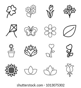 Floral icons. set of 16 editable outline floral icons such as sunflower, flower, leaf, clover, bouquet, dandelion, heart flower, butterfly, lotus, flower pot