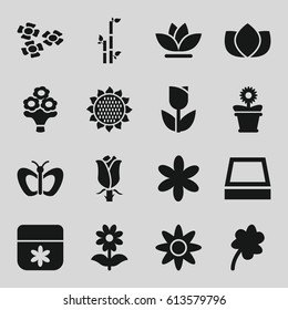 Floral icons set. set of 16 floral filled icons such as sunflower, butterfly, lotus, flower, bamboo, Clover, flower pot, rose, bouquet flower, square plant pot