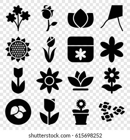 Floral icons set. set of 16 floral filled icons such as leaf, sunflower, lotus, flower, flower pot, rose, tulip, bouquet