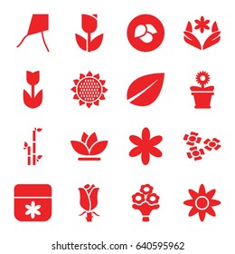 Floral icons set. set of 16 floral filled icons such as leaf, sunflower, flower, bamboo, flower pot, rose, bouquet flower, tulip