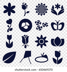 Floral icons set. set of 16 floral filled icons such as leaf, sunflower, butterfly, lotus, rose, heart flower, pond, tulip