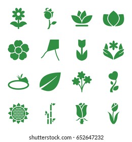 Floral icons set. set of 16 floral filled icons such as sunflower, lotus, flower, leaf, bamboo, rose, heart flower, pond, bouquet