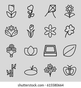 Floral Icons Set. Set Of 16 Floral Outline Icons Such As Butterfly, Lotus, Flower, Leaf, Bamboo, Clover, Heart Flower, Bouquet Flower, Pond, Square Plant Pot, Tulip, Bouquet