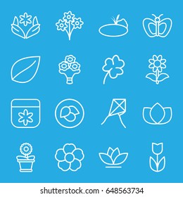 Floral icons set. set of 16 floral outline icons such as leaf, butterfly, lotus, flower, clover, flower pot, bouquet flower, pond, bouquet