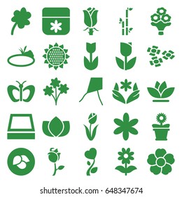 Floral icons set. set of 25 floral filled icons such as leaf, sunflower, butterfly, lotus, flower, bamboo, clover, flower pot, rose, pond, square plant pot, tulip, bouquet