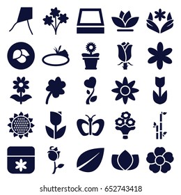 Floral icons set. set of 25 floral filled icons such as leaf, sunflower, butterfly, lotus, flower, bamboo, clover, flower pot, rose, pond, square plant pot, tulip, bouquet