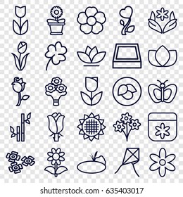 Floral icons set. set of 25 floral outline icons such as leaf, sunflower, butterfly, lotus, flower, bamboo, clover, flower pot, rose, pond, square plant pot, tulip, bouquet